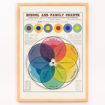 Closeup detail of Color wheel and chromatic scale chart by Marcius Willson featuring labeled color sections and titled The Chromatic scale of colors