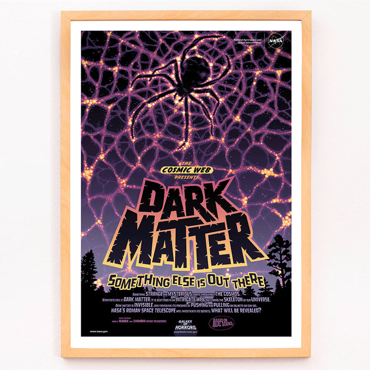 NASA Dark Matter poster featuring a cosmic web and spider silhouette with vibrant colors and text reading Dark Matter Something Else is Out There, framed and displayed in modern living room decor