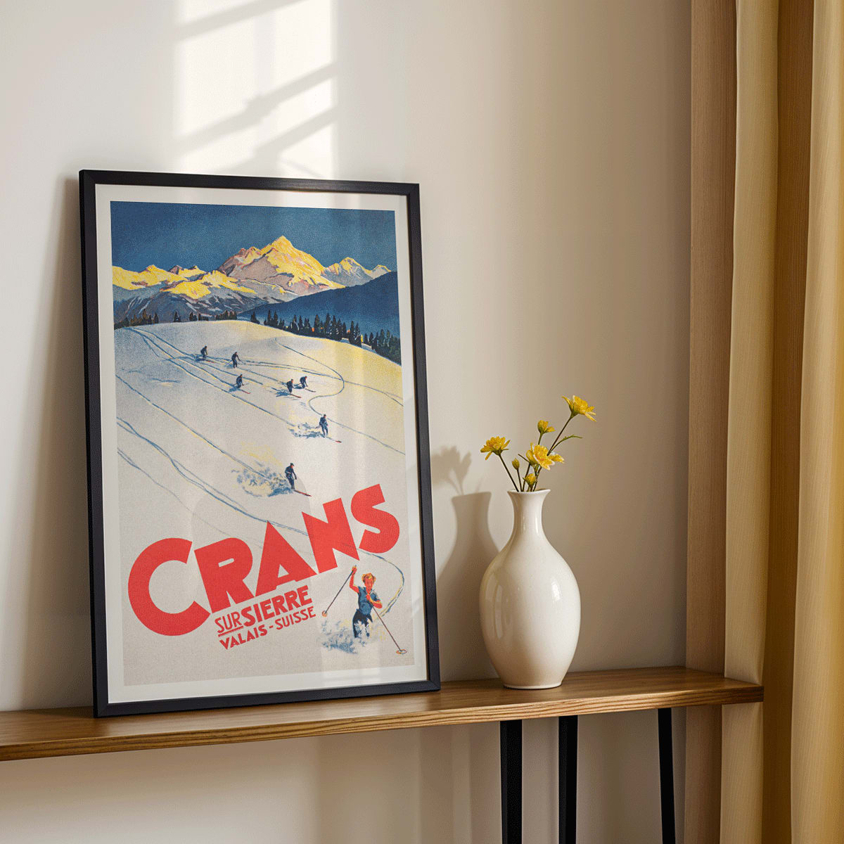 Crans sur Sierre Switzerland Ski Poster by Martin Peikert with skiers descending snowy mountain slopes and vibrant mountain backdrop, framed and displayed in modern living room decor
