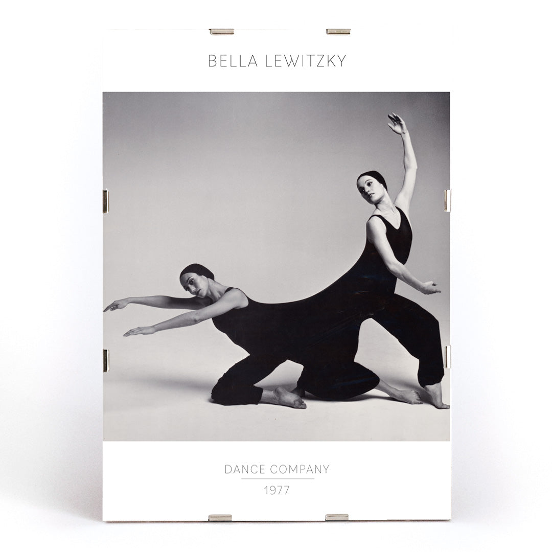 Modern dancers performing expressive pose Bella Lewitzky Dance Company artwork poster Los Angeles, framed and displayed in modern living room decor