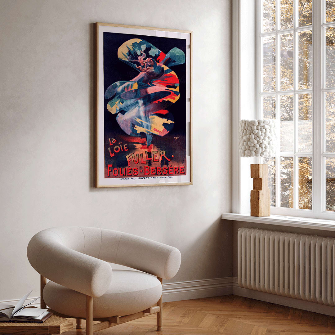 Colorful swirling dancer La Loie Fuller by Pal poster advertising Folies Bergere performance, framed and displayed in home decor