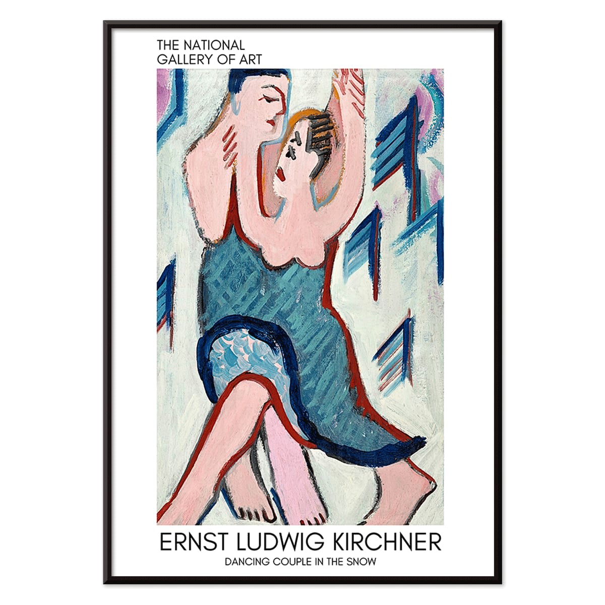 Dancing Couple in the Snow by Ernst Ludwig Kirchner vibrant expressive painting of a couple embracing and dancing in a snowy scene, with black aluminium frame on white background