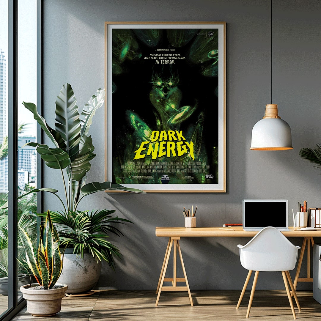Dark Energy by NASA space-themed poster featuring a menacing alien monster dark eerie illustration and glowing green text, framed and displayed in home decor