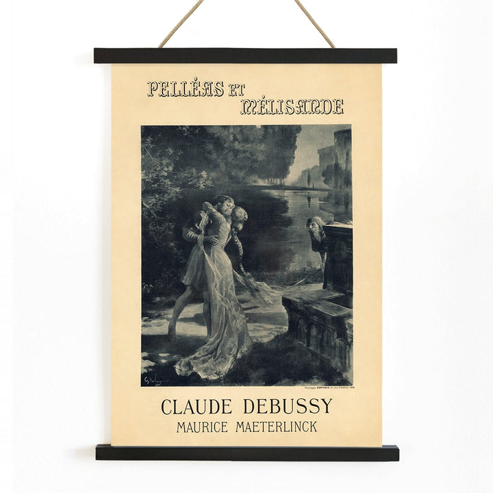 Artistic poster for Claude Debussy and Maurice Maeterlincks Pelleas et Melisande at Theatre de lOpera Comique featuring characters by a river for the premiere, with wooden magnetic frame on white background