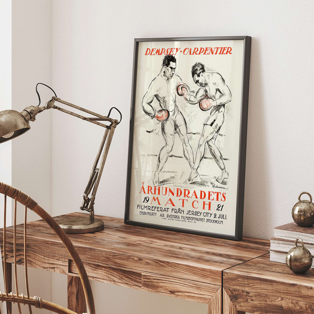 Boxing Match of the Century Dempsey Vs Carpentier illustration and poster by Eric Rohman showing two boxers mid fight with Swedish text, framed and displayed in home decor