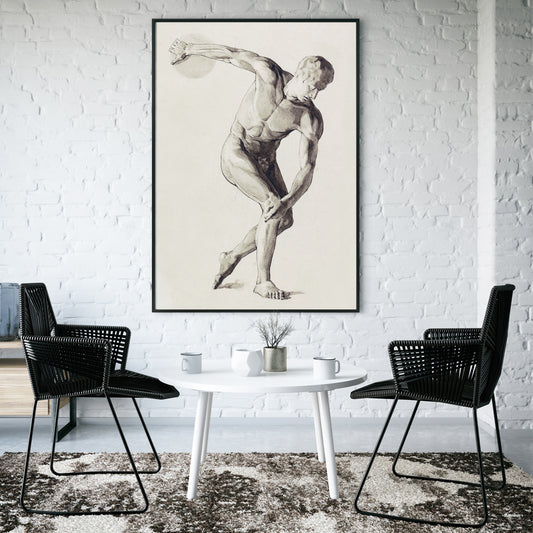 Discus Thrower by Jan Veth classical male athlete in dynamic discus throwing pose artwork and poster, framed and displayed in home decor
