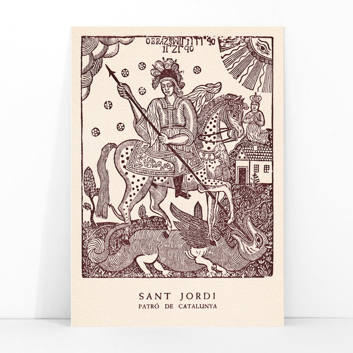 Sant Jordi slaying a dragon on horseback medieval artwork and poster knight with spear Patro de Catalunya, framed and displayed in modern living room decor