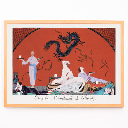 Closeup detail of Opulent oriental scene with reclining figures and a blue dragon in Chez la Marchande de Pavots by George Barbier poster on a red background
