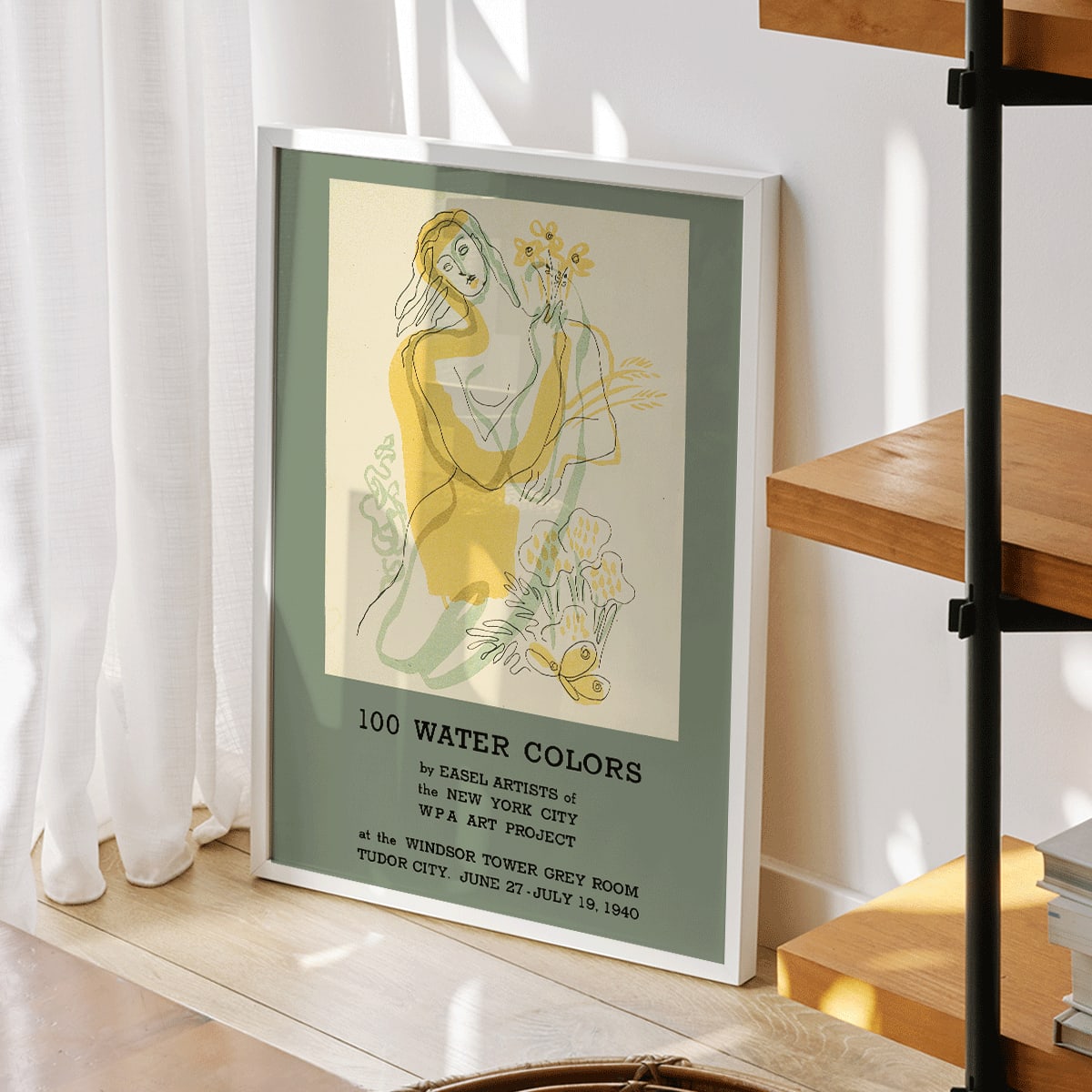 Watercolor illustration poster of a woman with flowers by Easel Artists from the New York City WPA Art Project titled 100 Water Colors, framed and displayed in modern living room decor