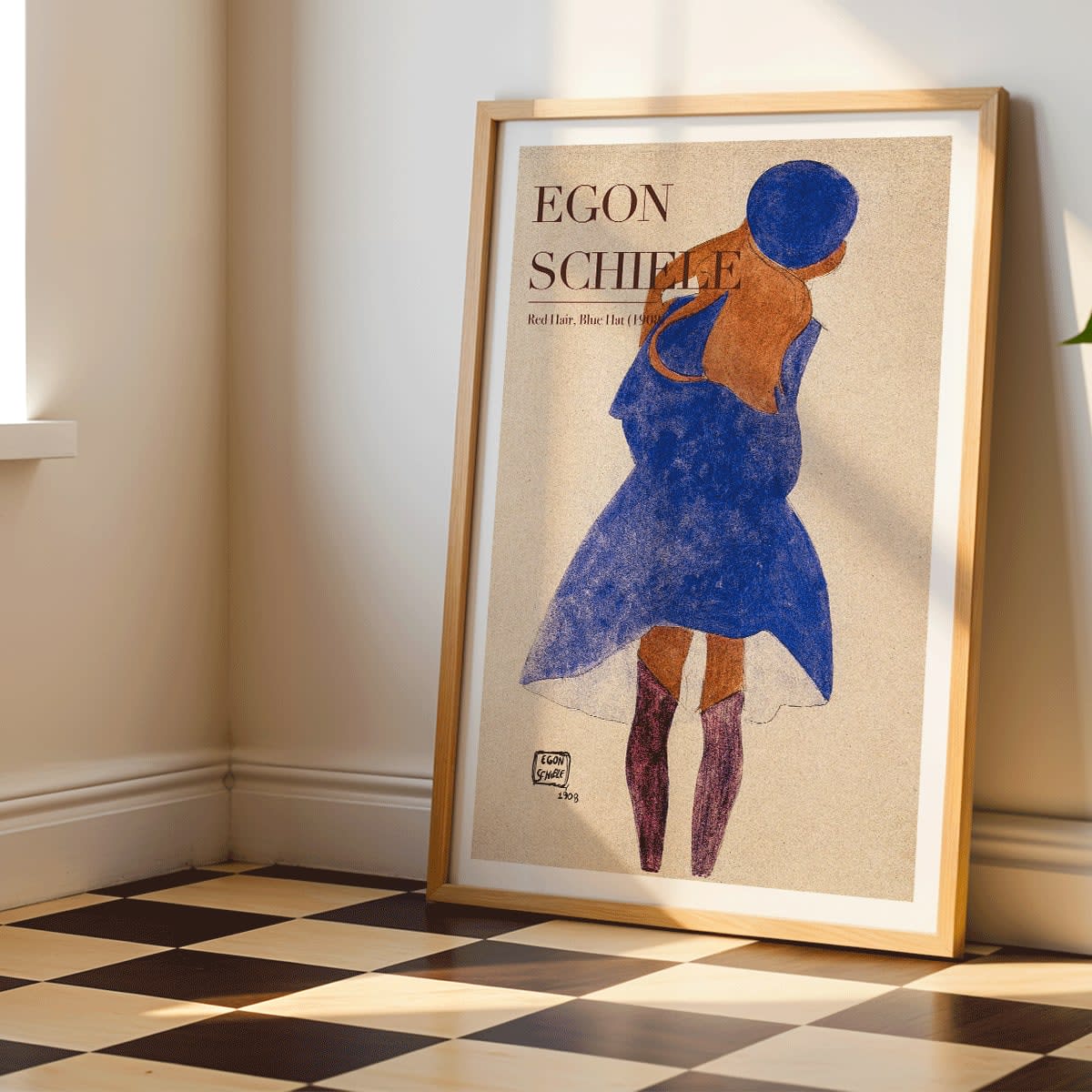 Egon Schiele exhibition poster featuring Red Hair Blue Hat artwork showing a woman with red hair in a blue dress and hat, framed and displayed in modern living room decor