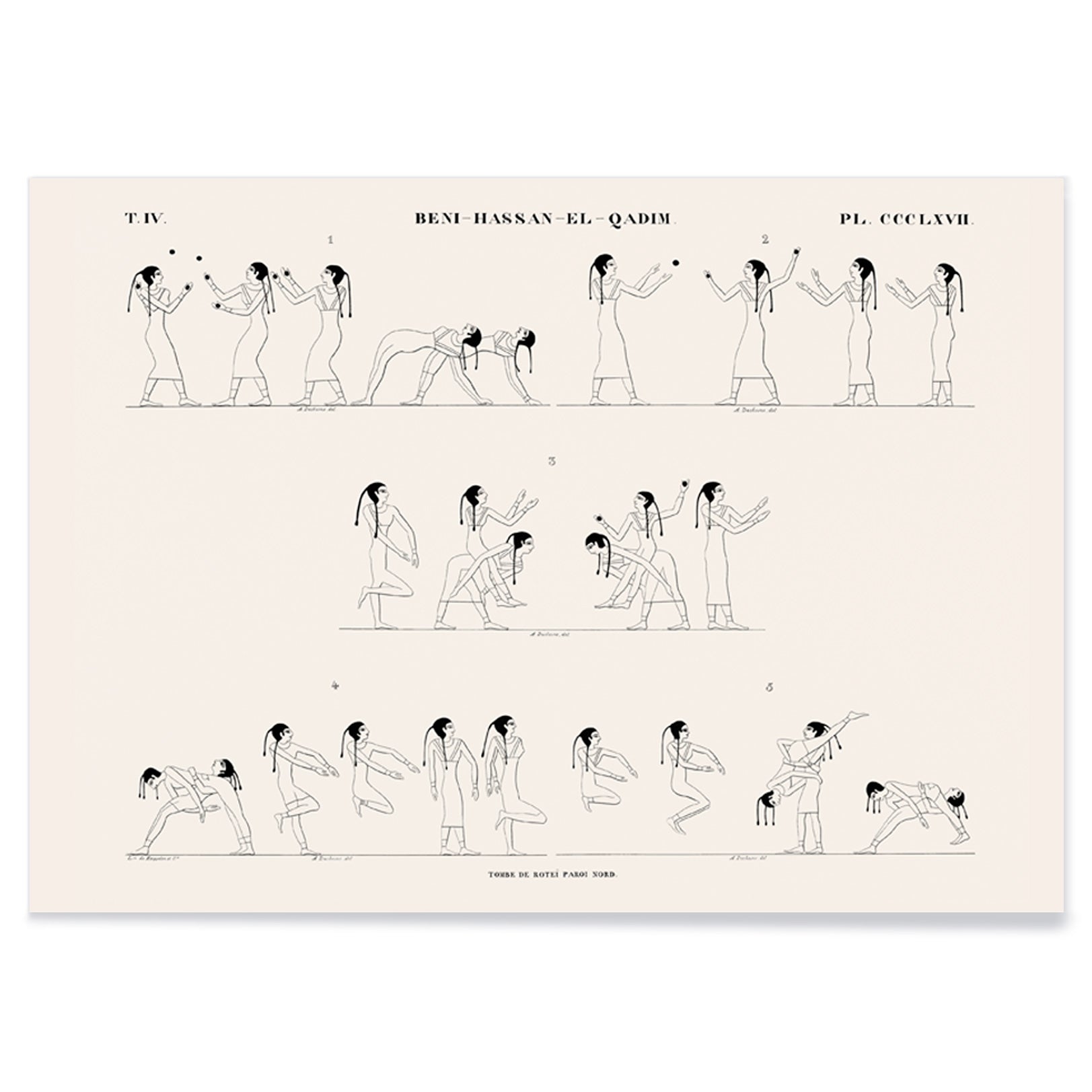 Ancient Egyptian wrestling scene and poster with line drawings from Tomb of Rotei north wall by Jean Francois Champollion, with black aluminium frame on white background
