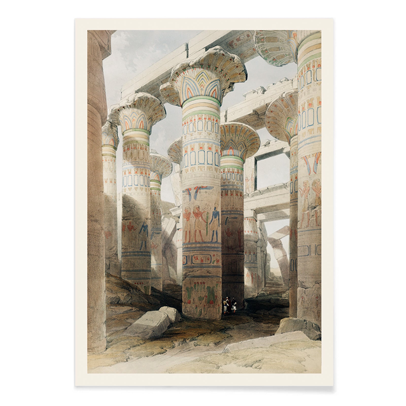 Ancient Egyptian temple columns with hieroglyphs and painted details at Karnak ruins artwork by David Roberts, with black aluminium frame on white background