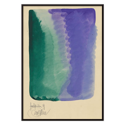 Abstract watercolor art poster with green and purple hues blending titled Farbstudien 10 Blaetter IX by Karl Wiener, with black aluminium frame on white background