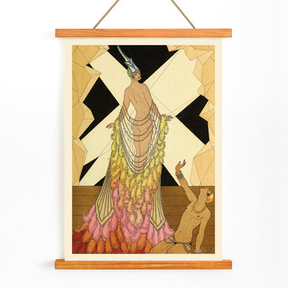 Art deco illustration and poster of elegant woman in feathered gown with kneeling figure inspired by Falbalas et fanfreluches by George Barbier, with wooden magnetic frame on white background