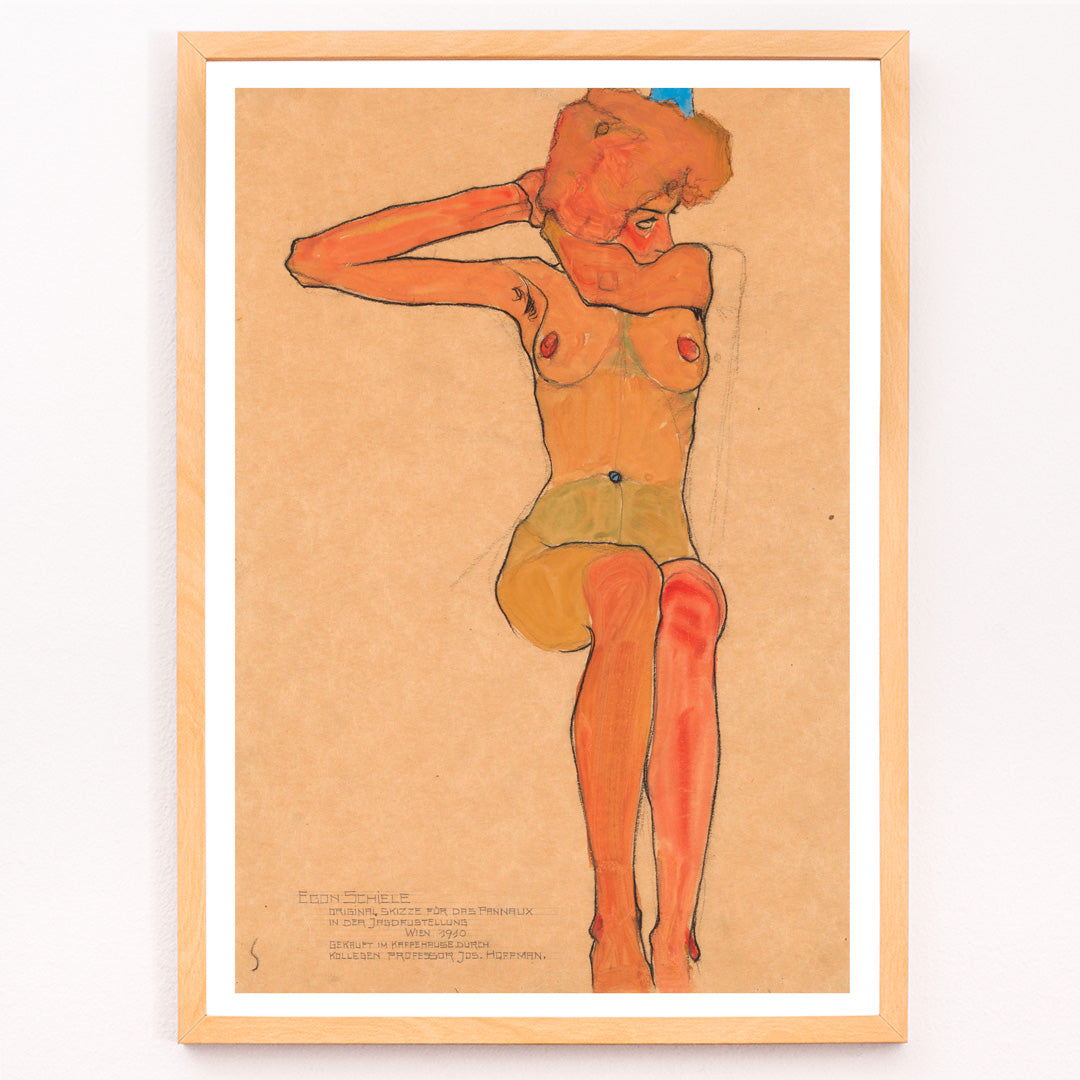 Closeup detail of Seated female nude in expressive style Mädchenakt Gertrude by Egon Schiele poster featuring a nude figure in a seated pose with expressive lines and color