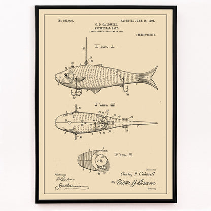 Closeup detail of Artificial Bait Patent by C D Caldwell detailed vintage fish lure illustration and mechanical design poster artwork