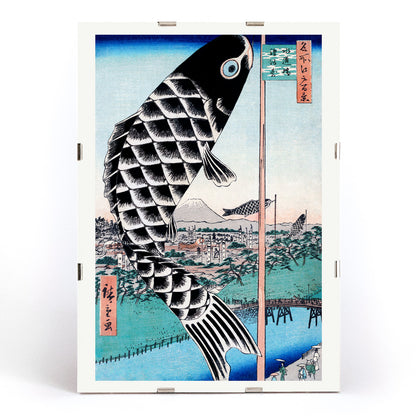 Large carp windsock over bridge with Mount Fuji river landscape artwork by Utagawa Hiroshige Suidobashi Bridge and Surugadai, framed and displayed in modern living room decor