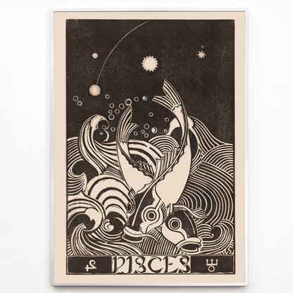 Closeup detail of Black and white Pisces zodiac sign illustration with two stylized fish swimming among swirling waves artwork by Henri van der Stok