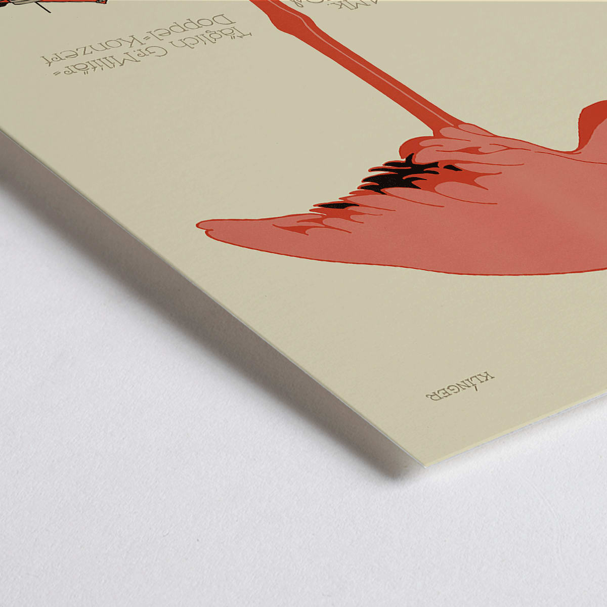 Closeup detail of Poster of Zoologischer Garten by Julius Klinger with a pink flamingo and zoo building facade illustration