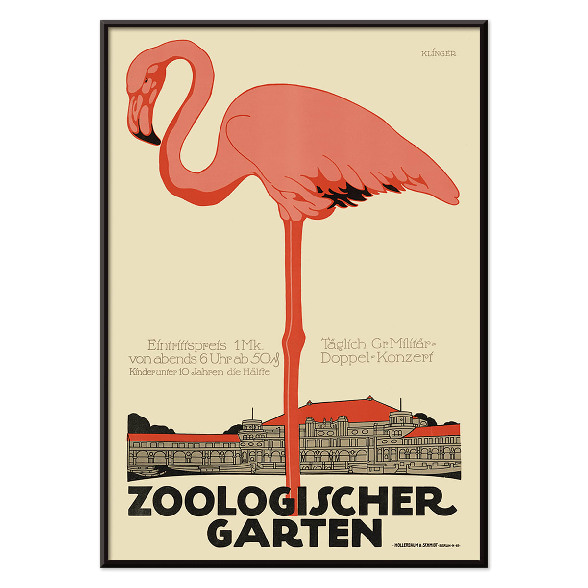Poster of Zoologischer Garten by Julius Klinger with a pink flamingo and zoo building facade illustration, with black aluminium frame on white background