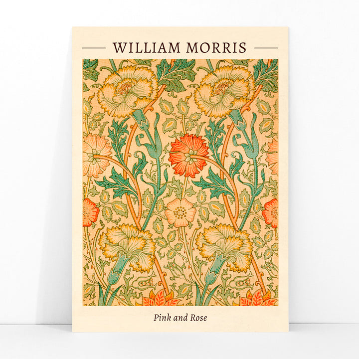 Floral pattern artwork Pink and Rose by William Morris with intricate botanical design decorative leaves and detailed flowers poster, framed and displayed in modern living room decor
