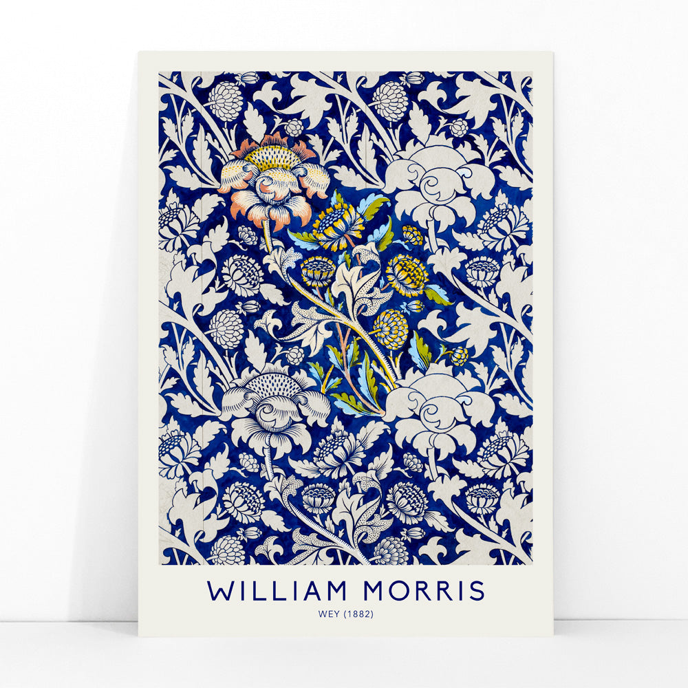 Floral fabric pattern and watercolour poster with intricate blue and white design by William Morris Wey, framed and displayed in modern living room decor
