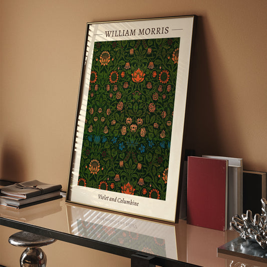 Floral pattern artwork poster titled Violet and Columbine by William Morris featuring intricate botanical designs with vivid green and orange tones, framed and displayed in home decor