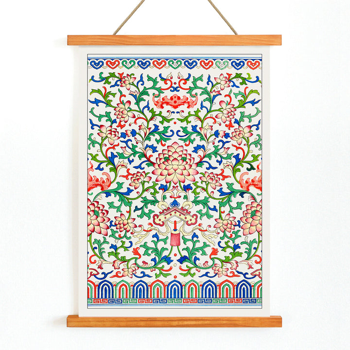 Chinese botanical illustration and botanical poster by Owen Jones from Examples of Chinese Ornament featuring intricate floral patterns and vibrant colors, with wooden magnetic frame on white background