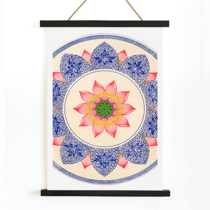 Pink floral pattern with intricate blue and red designs from Examples of Chinese Ornament by Owen Jones poster, with wooden magnetic frame on white background