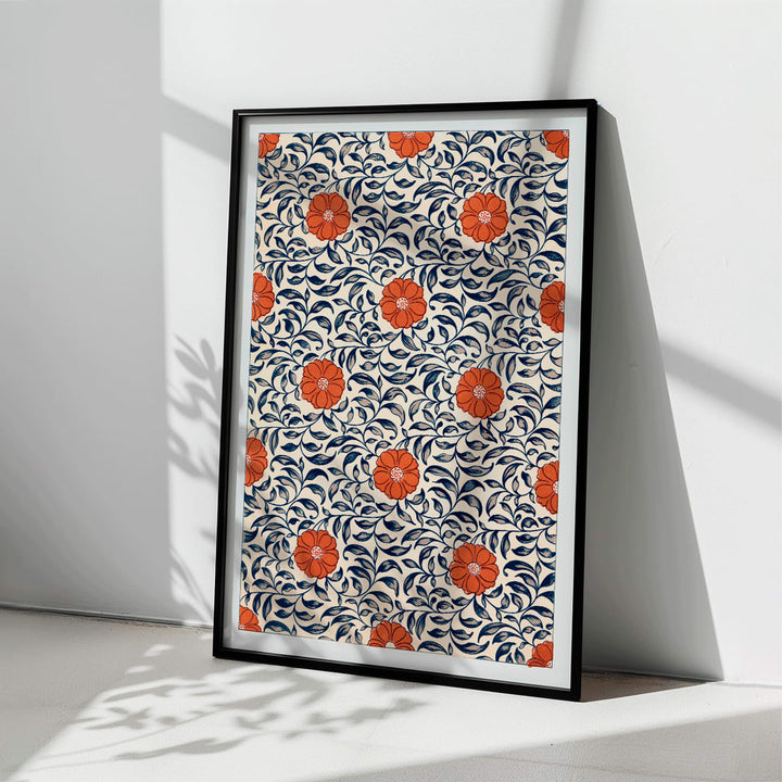 Floral pattern artwork by Owen Jones titled Flower pattern Examples of Chinese Ornament featuring red flowers and blue leaves, framed and displayed in home decor