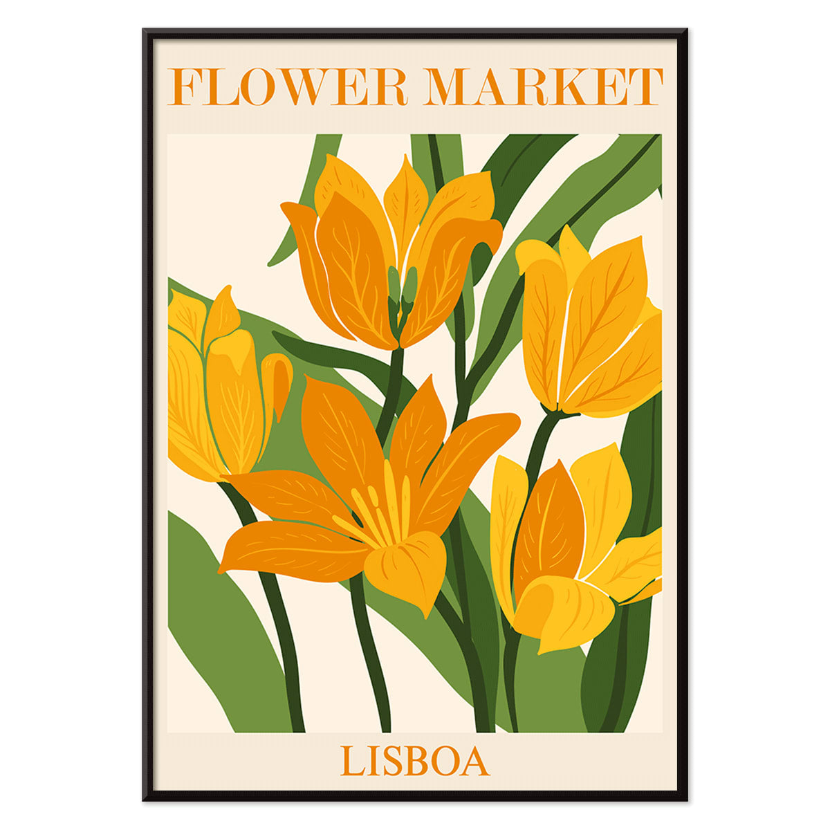 Yellow and orange flowers with green leaves illustrated poster titled Flower Market Lisbon by Moryarty, with black aluminium frame on white background