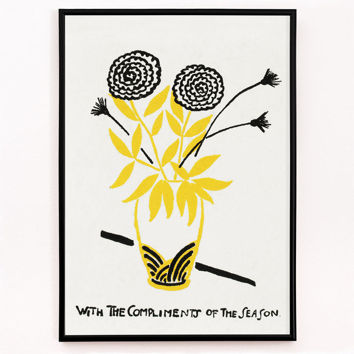 Closeup detail of Yellow and black floral arrangement illustration and abstract flower poster in a vase with text With the Compliments of the Season by Henry Lyman Sayen