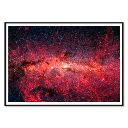 Milky Way galaxy swirling core with countless vibrant stars NASA artwork Hundreds of thousands of stars poster, with black aluminium frame on white background