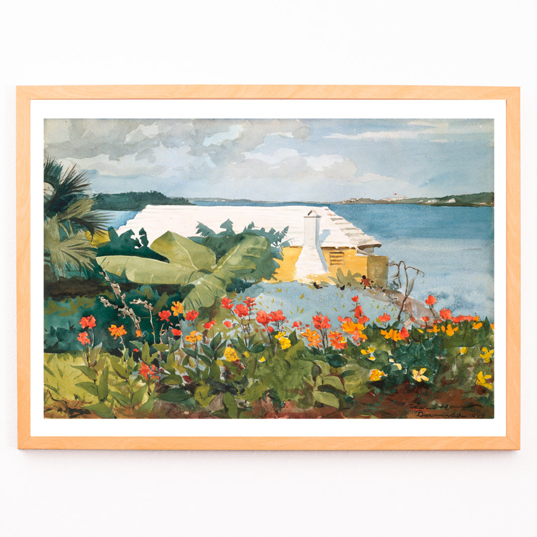 Closeup detail of Vibrant tropical flower garden and bungalow by the sea artwork Flower Garden and Bungalow Bermuda by Winslow Homer poster