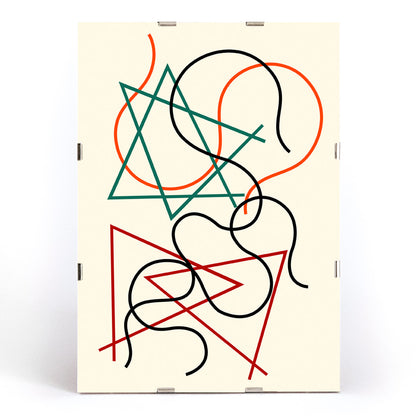 Abstract geometric and wavy lines artwork in green red orange and black by Myriam Thyes titled Lignes géométriques et ondoyantes, framed and displayed in modern living room decor