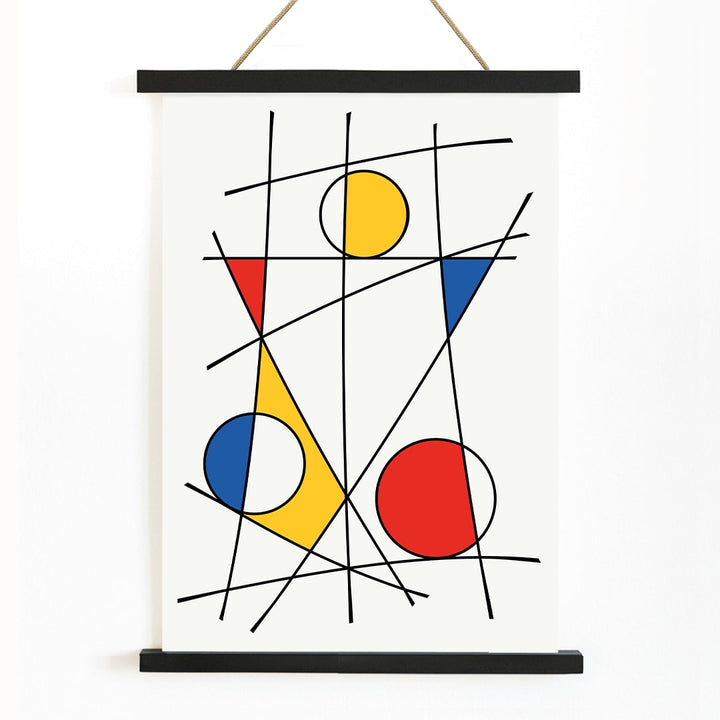Abstract artwork by Geometric Lines and colors 3 with intersecting black lines and vibrant geometric shapes in red blue and yellow, with wooden magnetic frame on white background