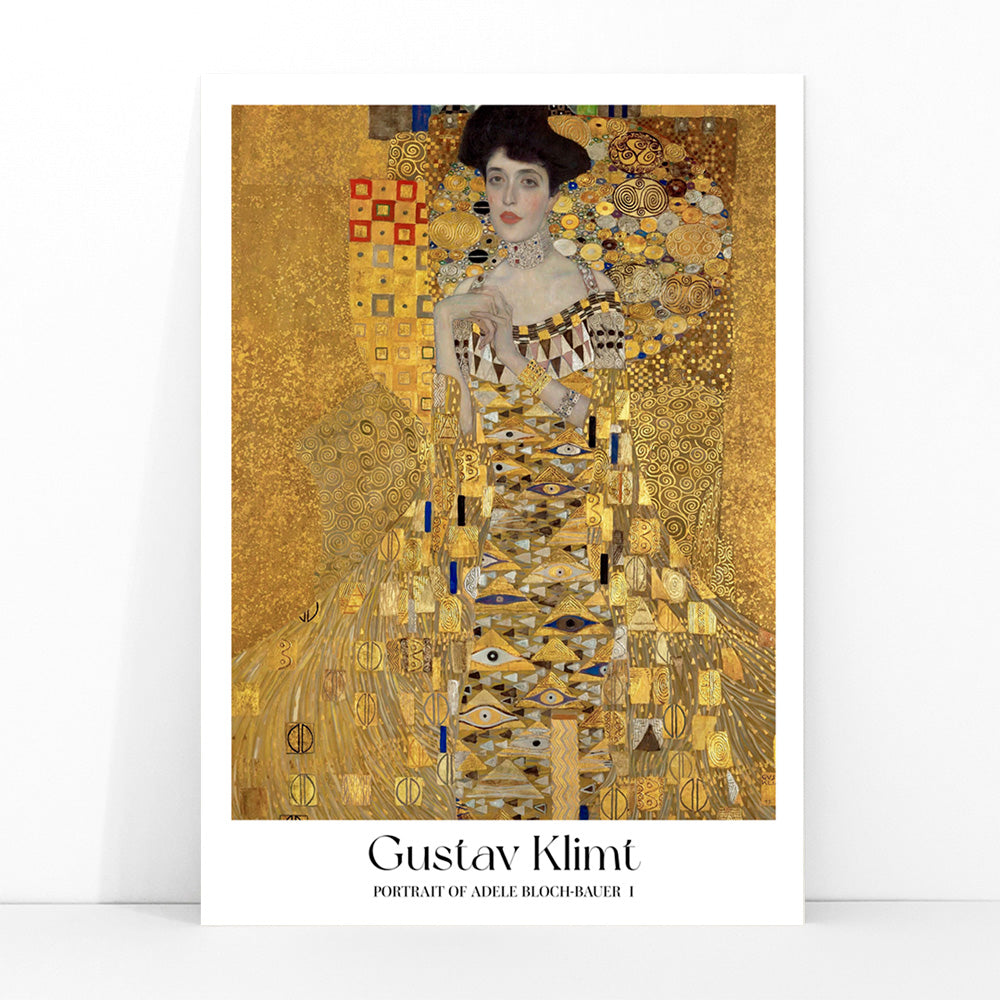 Elegant woman in golden dress with intricate patterns Portrait of Adele Bloch-Bauer I by Gustav Klimt gold tones wall decor poster, framed and displayed in modern living room decor