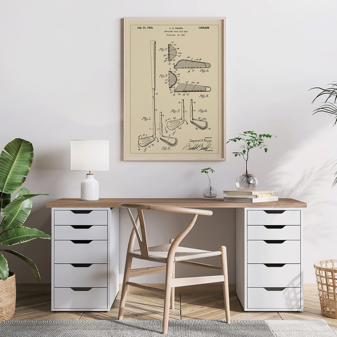 L A Young Resilient Golf Club Head Patent Illustration Design Drawings and Poster with Technical Specifications, framed and displayed in home decor