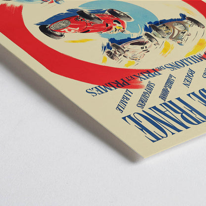 Closeup detail of Vintage poster by Jean Des Gachons showing colorful race cars and event details for Grands Prix de France at multiple locations