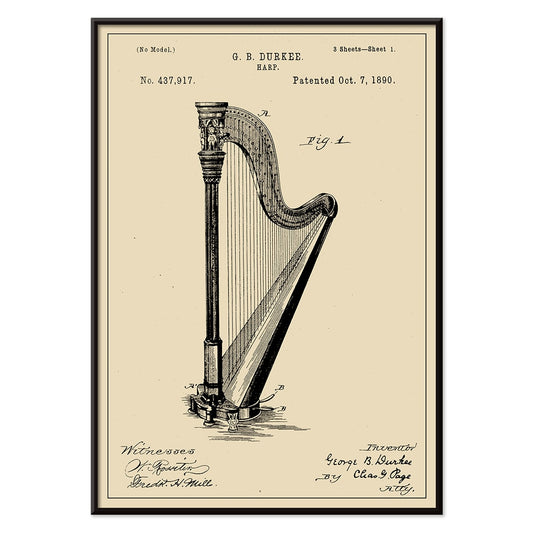 Harp patent drawing and poster by G B Durkee featuring detailed technical drawing and historical patent information, with black aluminium frame on white background