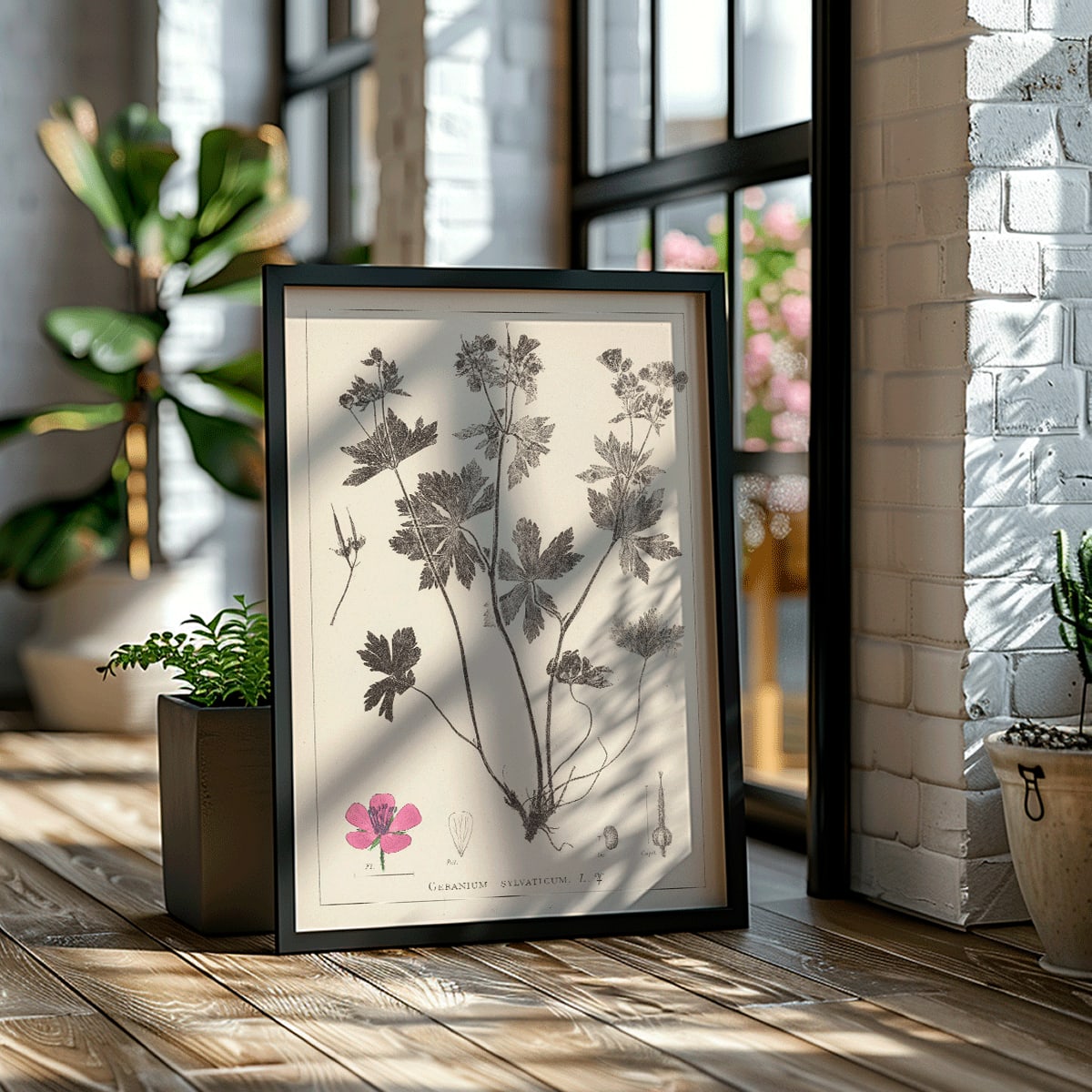 Botanical illustration and poster of Geranium sylvaticum with pink flower and detailed sketches by Louis Antoine Cusin from Herbier de la flore francaise, framed and displayed in home decor
