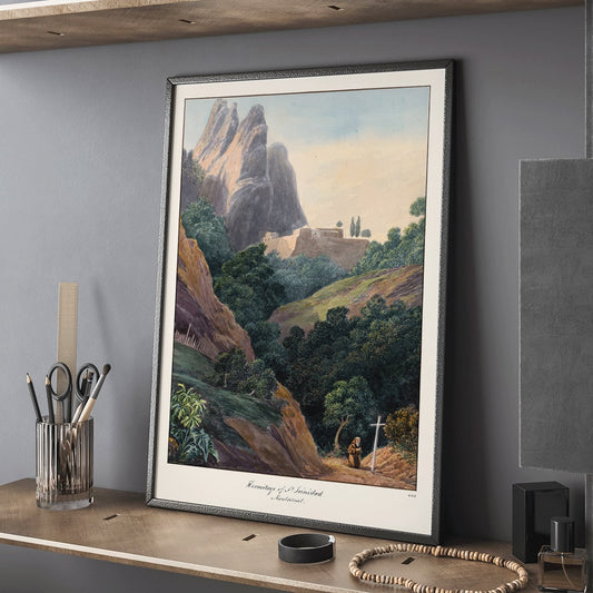 Painting of Hermitage of St Trinidad Montserrat by Charles Hamilton Smith with mountainous landscape lush trees and monk, framed and displayed in home decor