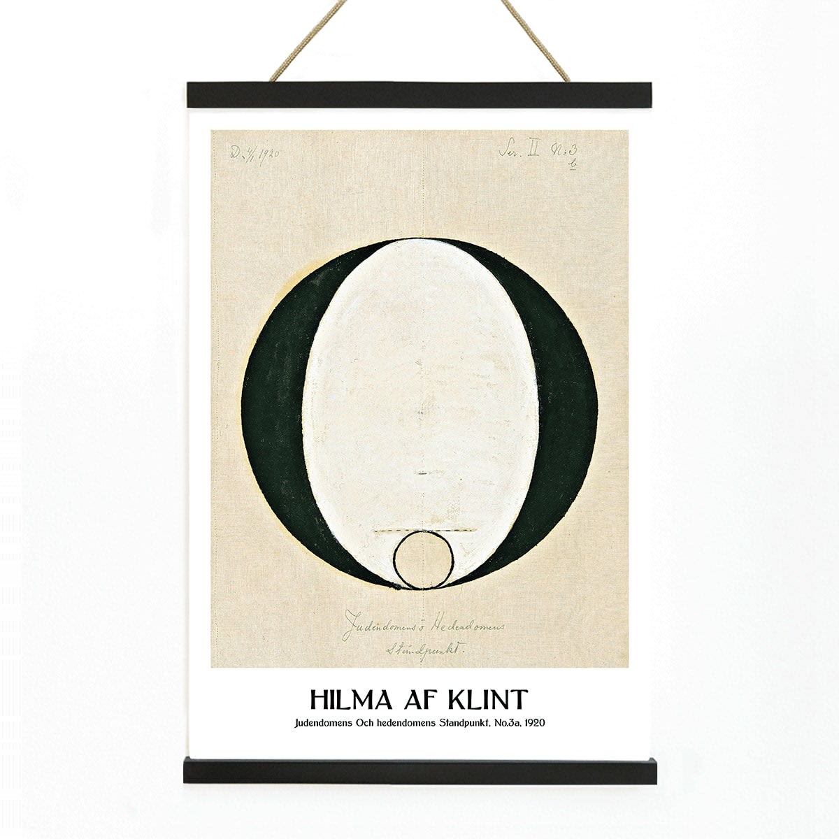 Abstract geometric poster by Hilma af Klint titled Judaism and Paganism Standpoint featuring a large central oval shape, with wooden magnetic frame on white background