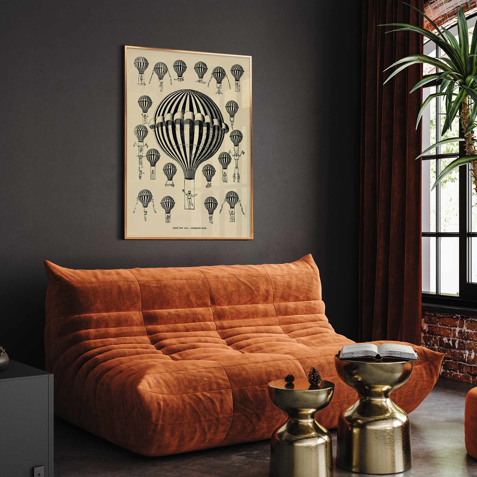 Henry La Vaulx Hot Air Balloon Study vintage scientific balloon chart with black and white striped balloons poster, framed and displayed in modern living room decor