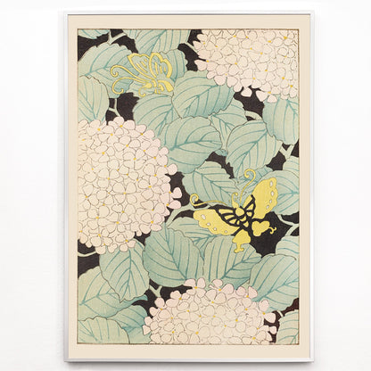 Closeup detail of Yellow butterflies and white hydrangea flowers with green leaves in Japanese art style artwork Bijutsukai Pl 169 by Korin Furuya