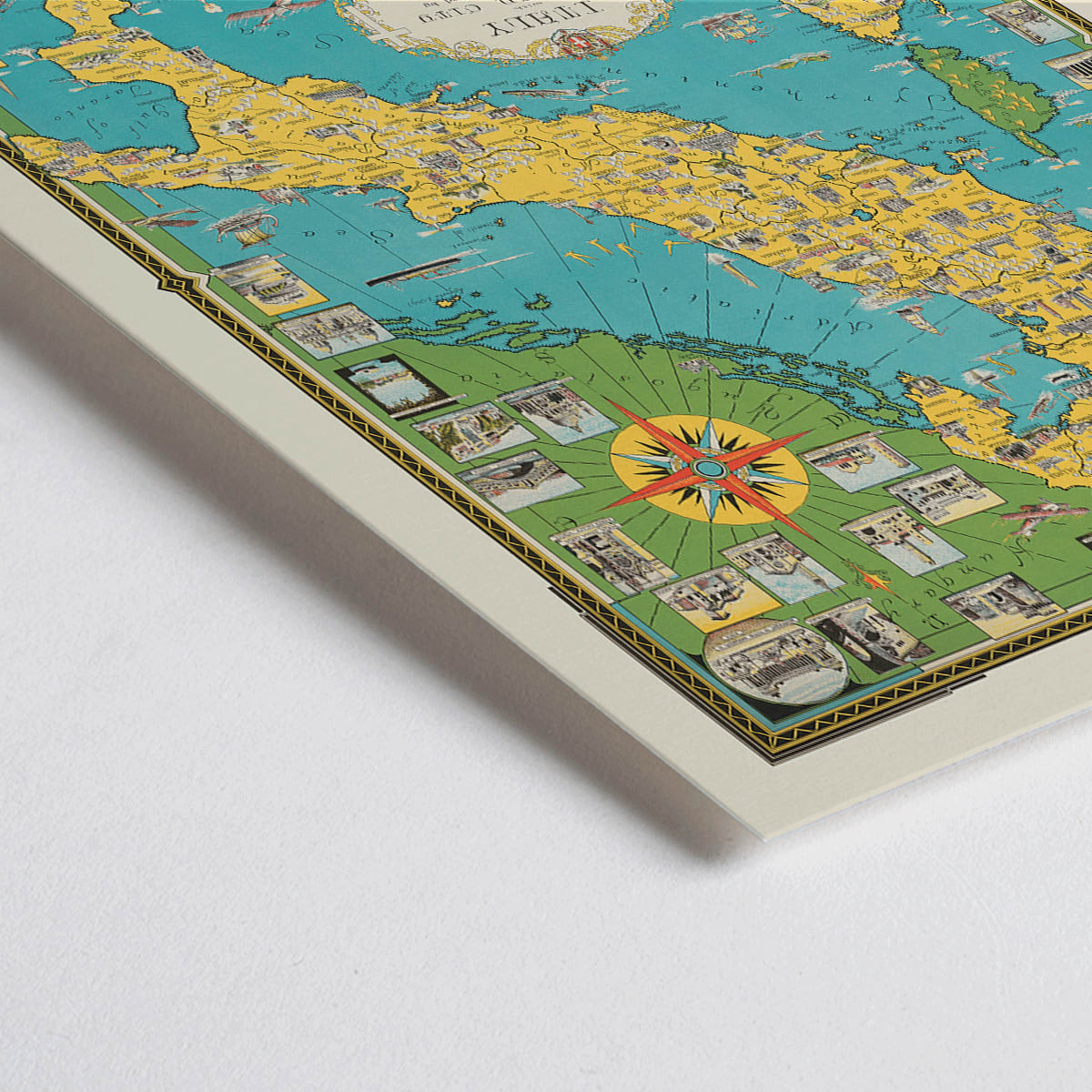 Closeup detail of Map of Italy and Vatican City by Ernest Dudley Chase illustrated poster with colorful landmarks and detailed design