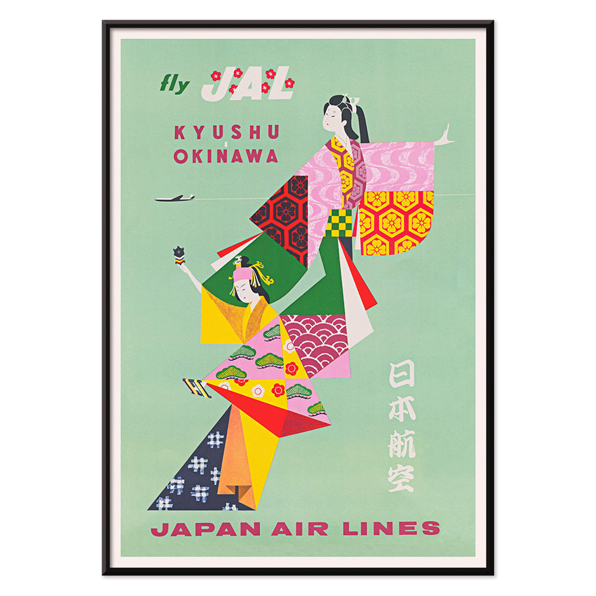 Colorful Japan Air Lines poster Kyushu Okinawa by Anonymous featuring traditional Japanese figures promoting air travel, with black aluminium frame on white background