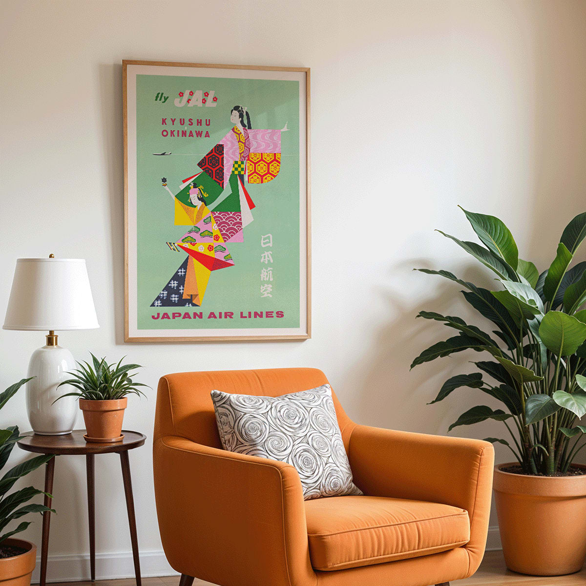 Colorful Japan Air Lines poster Kyushu Okinawa by Anonymous featuring traditional Japanese figures promoting air travel, framed and displayed in modern living room decor