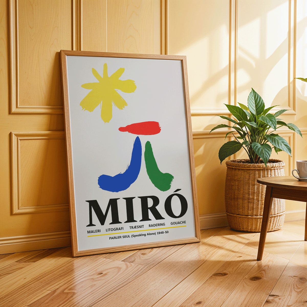 Parler Seul exhibition poster by Joan Miro with abstract colorful shapes on a light background, framed and displayed in home decor