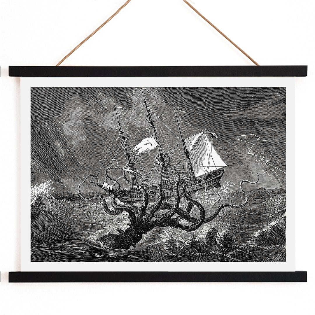 The Kraken attacking a ship in stormy seas sea monster poster titled The Kraken as seen by the eye of imagination, with wooden magnetic frame on white background